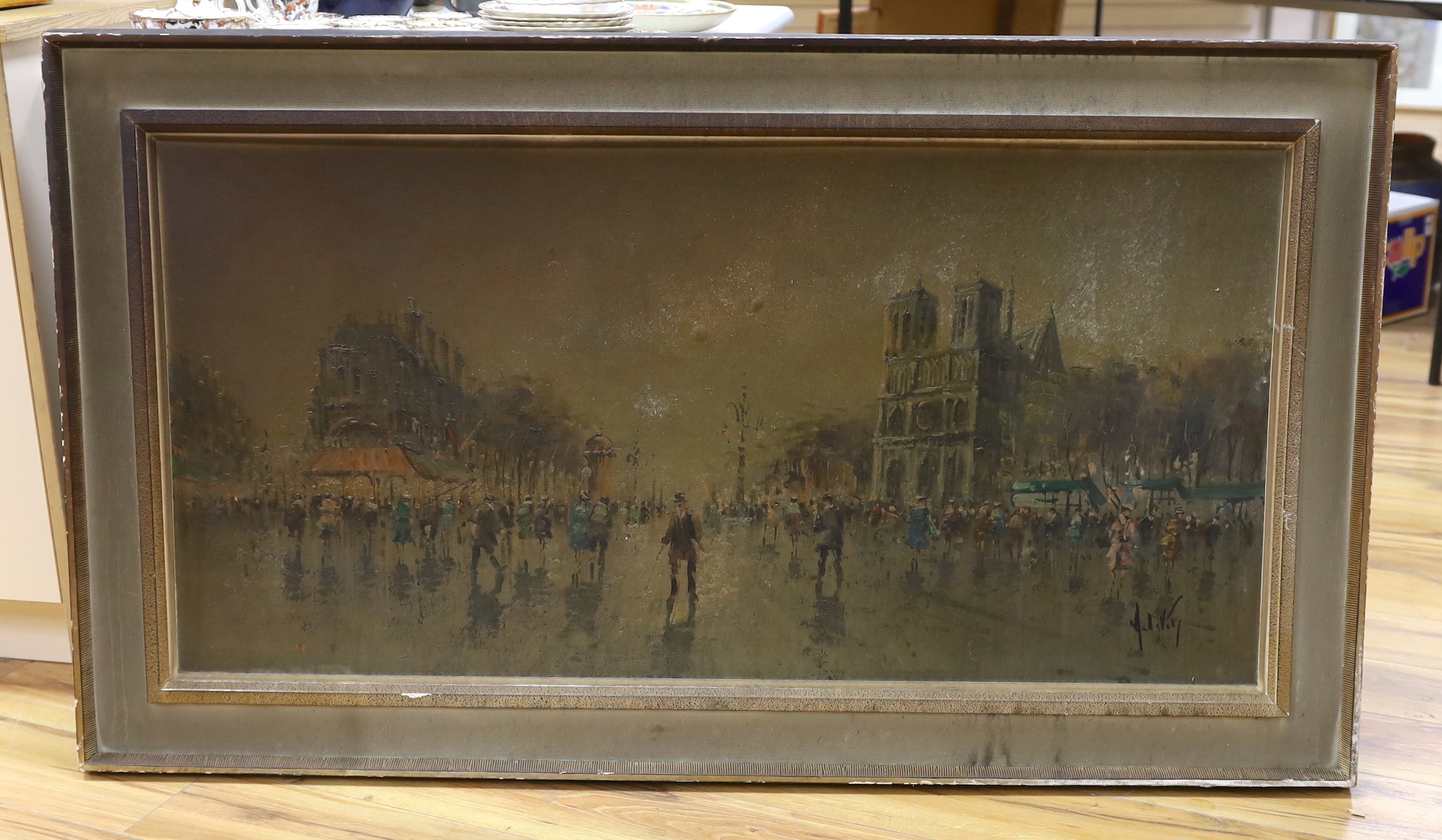 Antonio De Vity, oil on canvas laid on board, View of Notre Dame, indistinctly signed, 58 x 120cm, (smoke damaged)